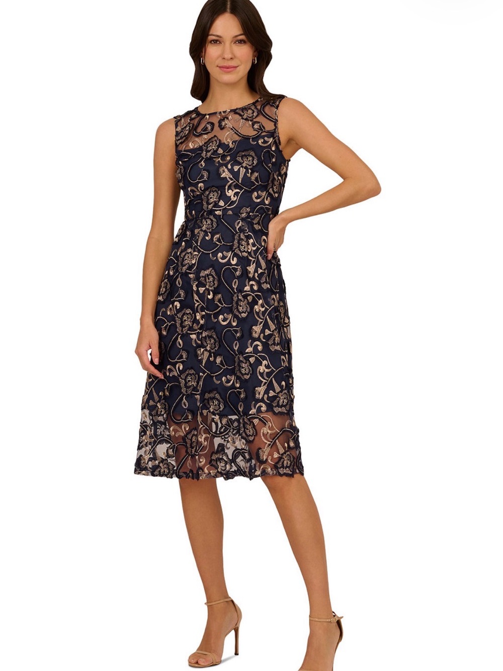Adrianna Papell Navy Dress with Gold Floral Lace Overlay